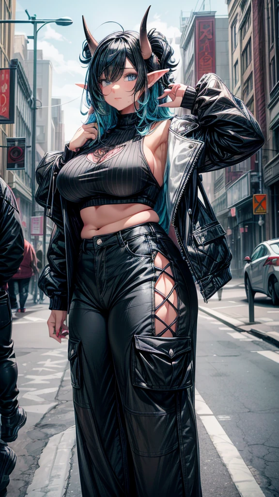 Adult female, curvy body, thick body, DD size breasts, dark BLACK hair, shoulder length hair, dark BLACK hair in a shoulder length hairstyle, light cyan blue eyes, Curly ram HORNS on top of head, Horns on head, elf ears, mature looking face, very beautiful, loose top, pants, punk style clothes, posing, city street.