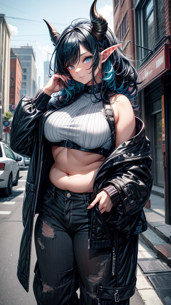 Adult female, curvy body, thick body, DD size breasts, dark BLACK hair, shoulder length hair, dark BLACK hair in a shoulder length hairstyle, light cyan blue eyes, Curly ram HORNS on top of head, Horns on head, elf ears, mature looking face, very beautiful, loose top, pants, punk style clothes, posing, city street.