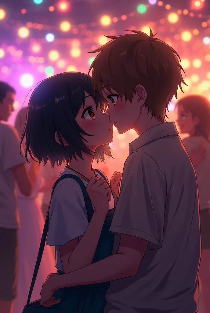 A short black-haired anime girl with hazel eyes at a party kissing a brown-haired boy with black eyes.