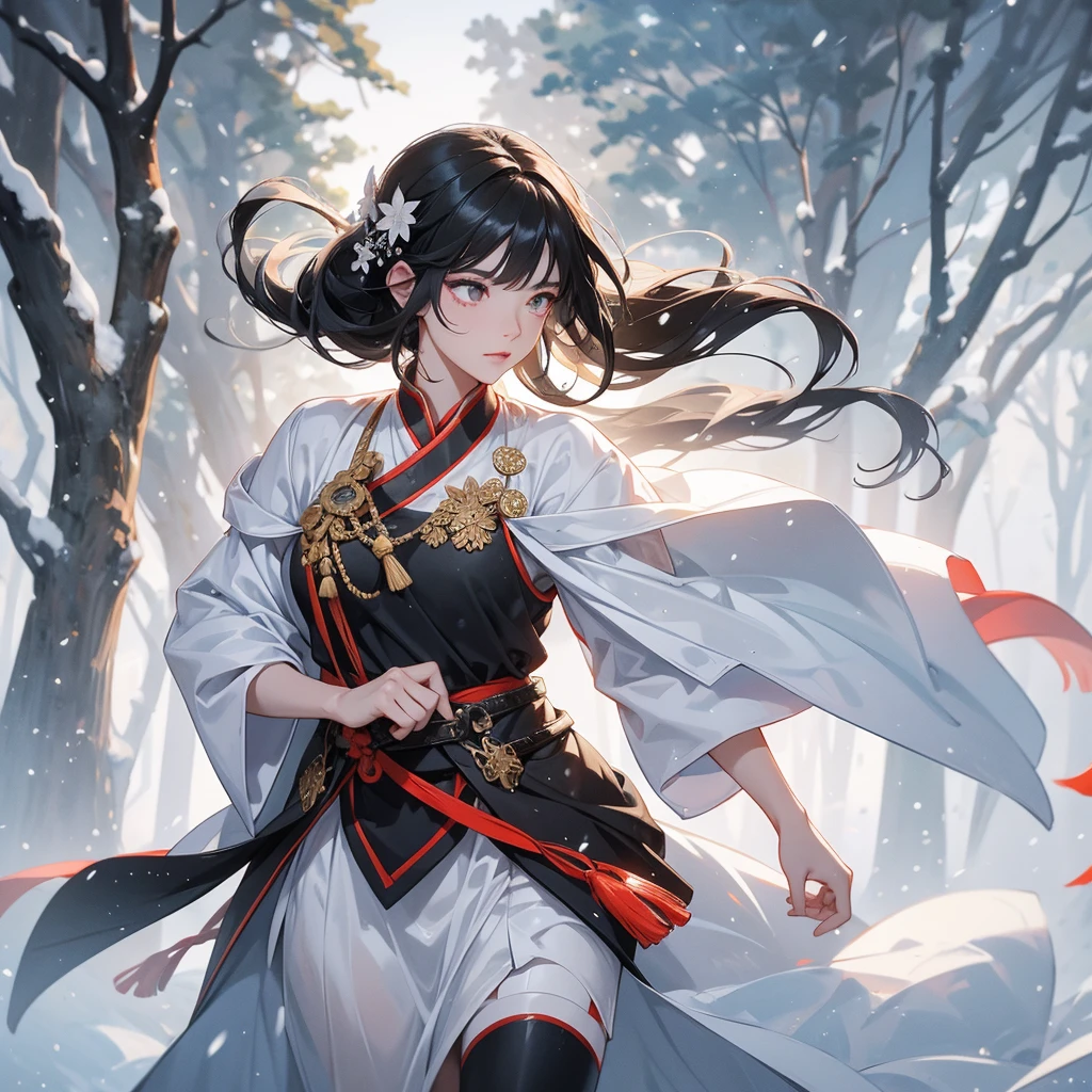 a beautiful woman black-haired male general holding a large sword in ancient Chinese general costume, walking In the middle of a snowstorm, white snow is falling, The sun shines and the sun rises. close up, In the middle of a snowstorm, it is white. The trees are covered in white snow. The snow is falling. The sun shines and the sun rises. close up.
