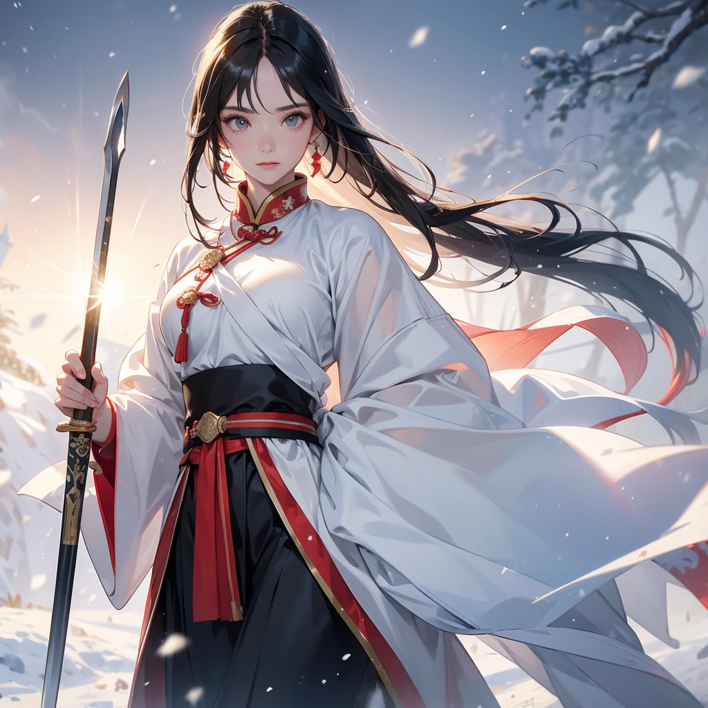 a beautiful woman black-haired male general holding a large sword in ancient Chinese general costume, walking In the middle of a snowstorm, white snow is falling, The sun shines and the sun rises. close up, In the middle of a snowstorm, it is white. The trees are covered in white snow. The snow is falling. The sun shines and the sun rises. close up.