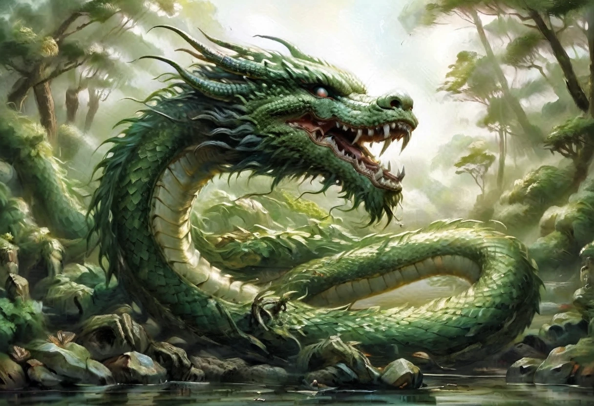 An Asian serpentine dragon, floating, flowing serpent like, through a dense bamboo forest weaving effortlessly between bamboo, stalking the viewer, menacing look
