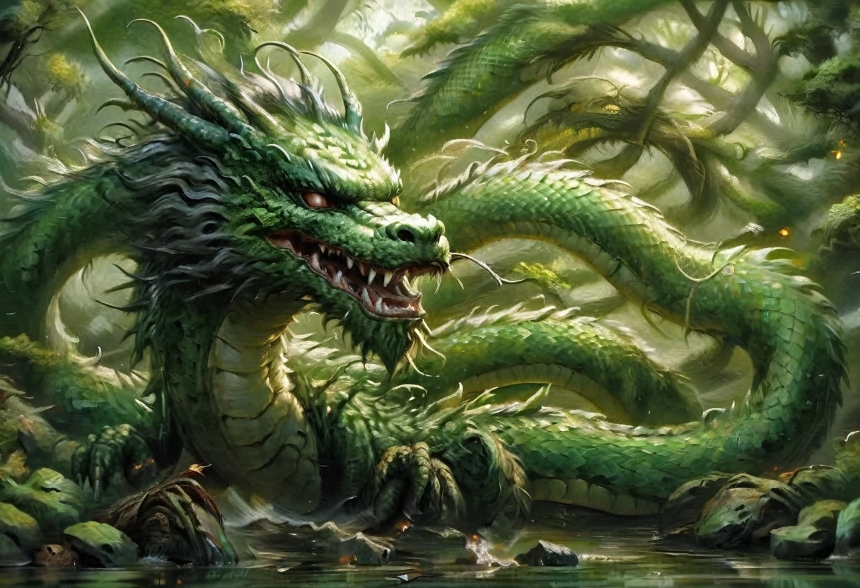 An Asian serpentine dragon, floating, flowing serpent like, through a dense bamboo forest weaving effortlessly between bamboo, stalking the viewer, menacing look
