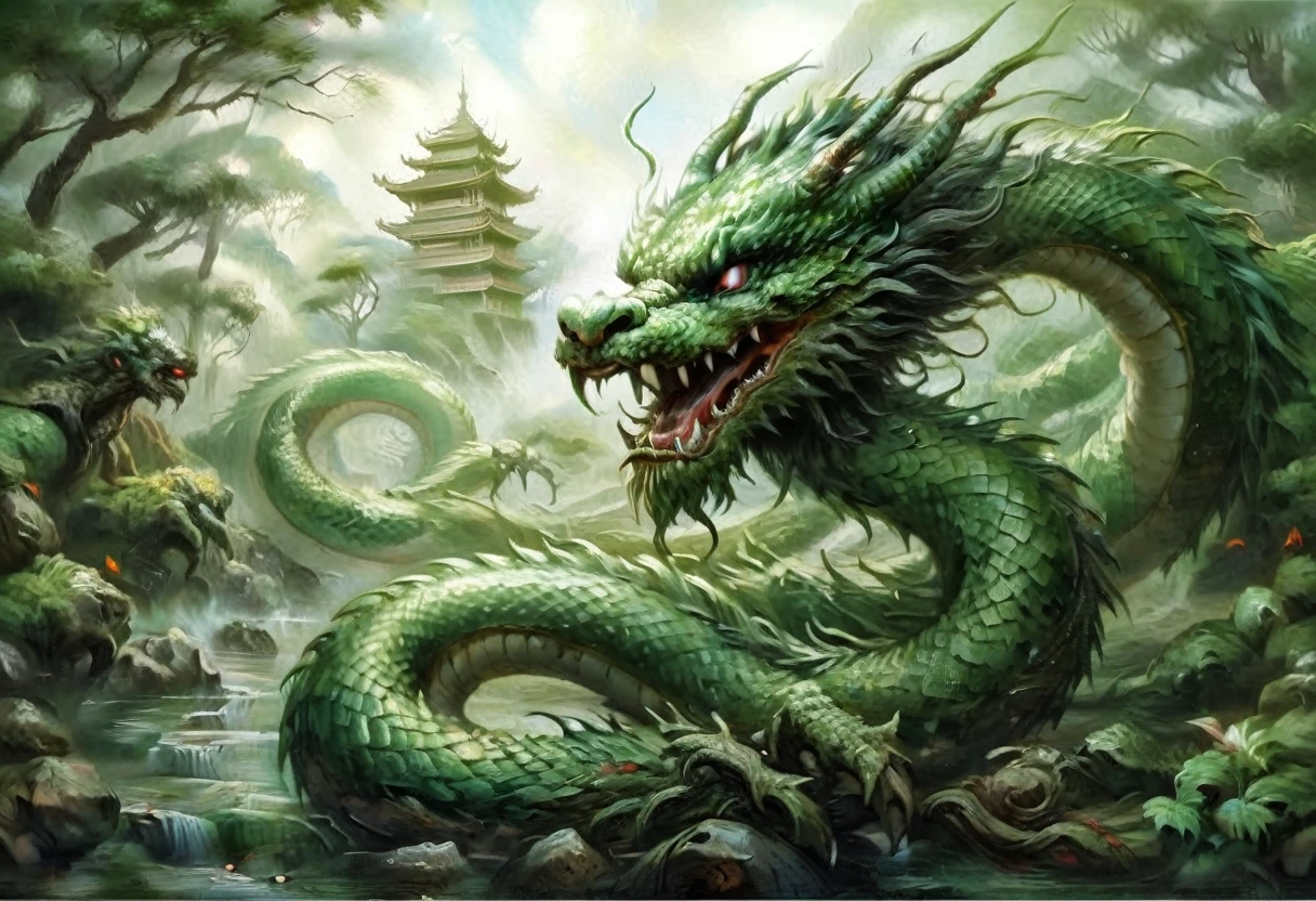 An Asian serpentine dragon, floating, flowing serpent like, through a dense bamboo forest weaving effortlessly between bamboo, stalking the viewer, menacing look
