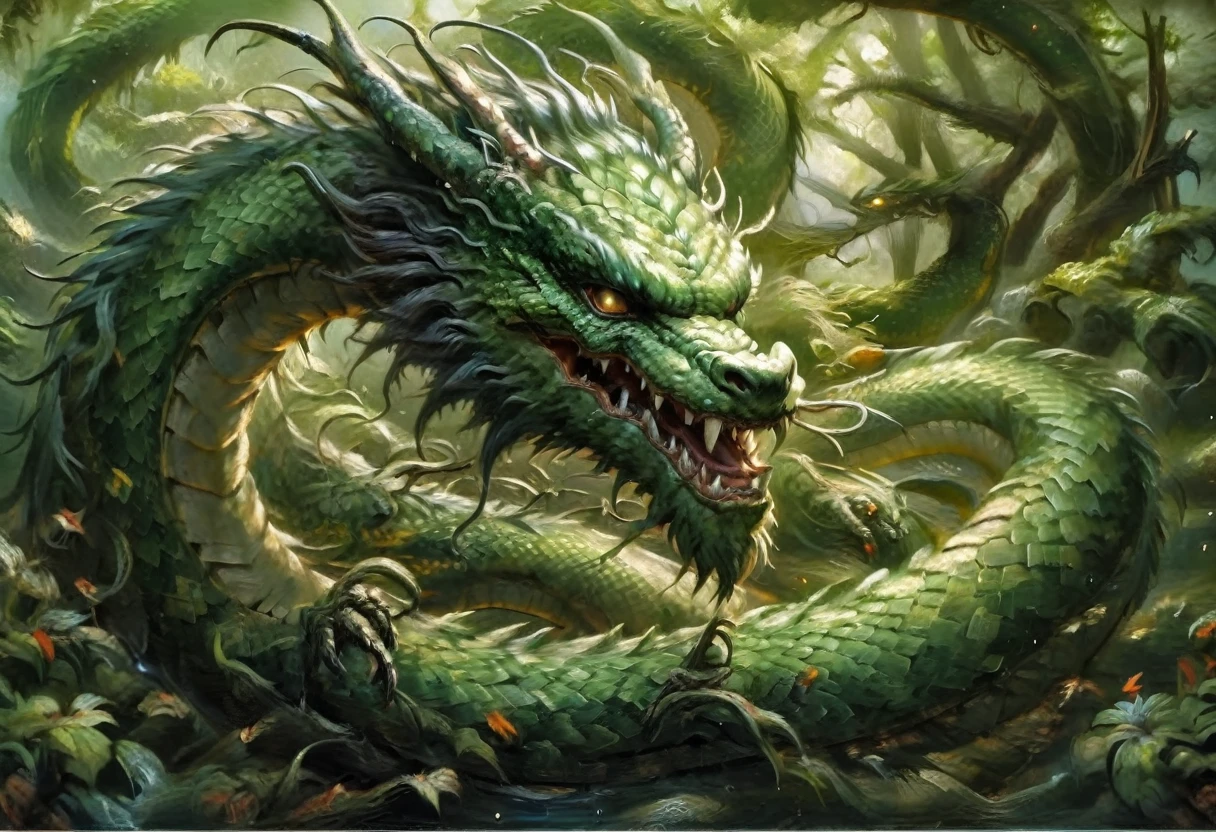 An Asian serpentine dragon, floating, flowing serpent like, through a dense bamboo forest weaving effortlessly between bamboo, stalking the viewer, menacing look
