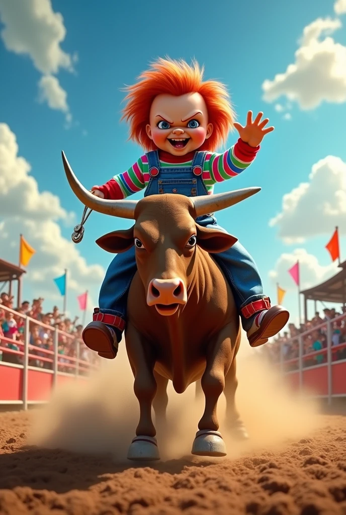 Create gif of chucky riding a bull