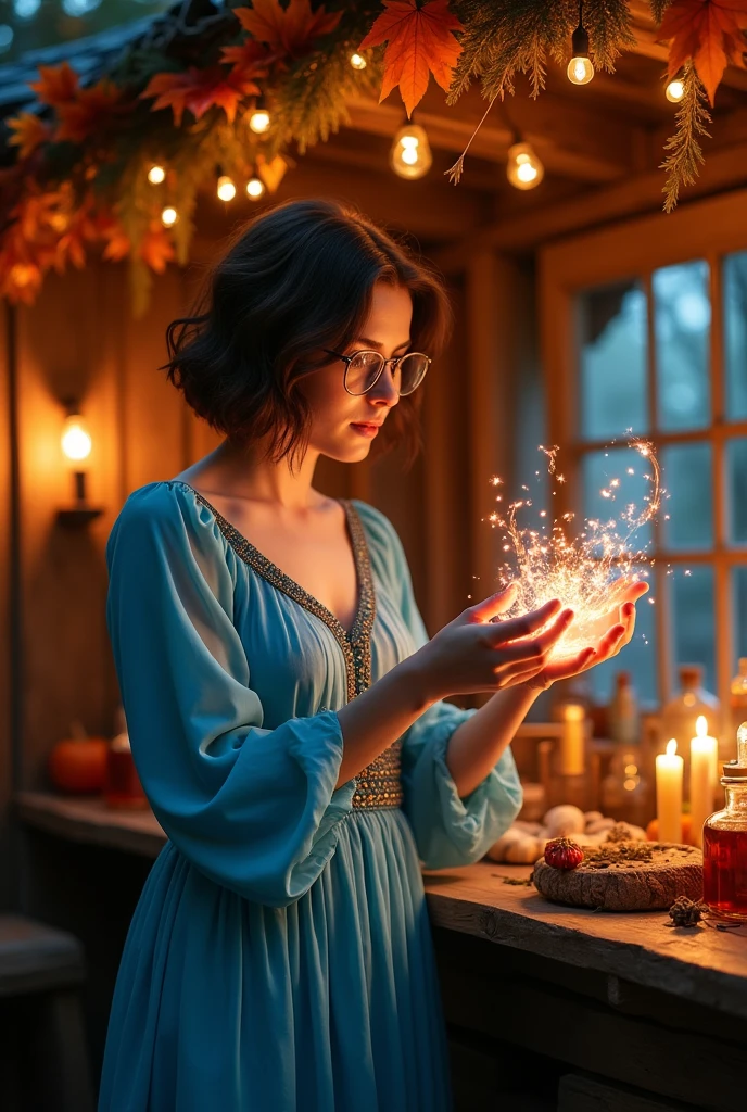 (highly detailed) a beautiful brunette white witch in her thirties that wears big round glasses casting a spell. She's got short wavy hair and she's wearing a blue dress, she's celebrating Samhain in a fairy-like hut