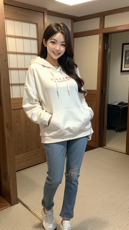 A Japanese milf, photo of one girl, Slender figure, Realistic teeth, wearing oversized hoodie, smile, full-body, masterpiece, best quality, detailed, beauty, Pub, indoor,