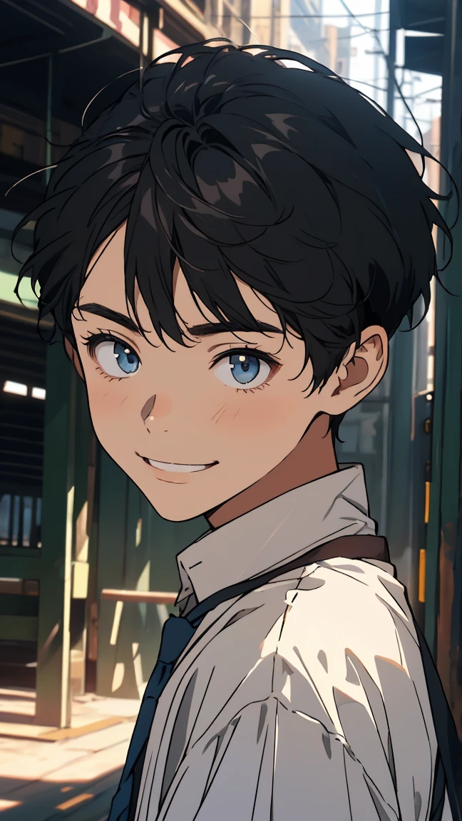 High school student, young man, teenager, kind and refreshing young man, gentle eyes, baby face, smiling, honor student, wearing a white shirt, short black hair, short hair, center parting, 8k, high definition, front lighting, portrait , expressive, sharp focus, masterpiece