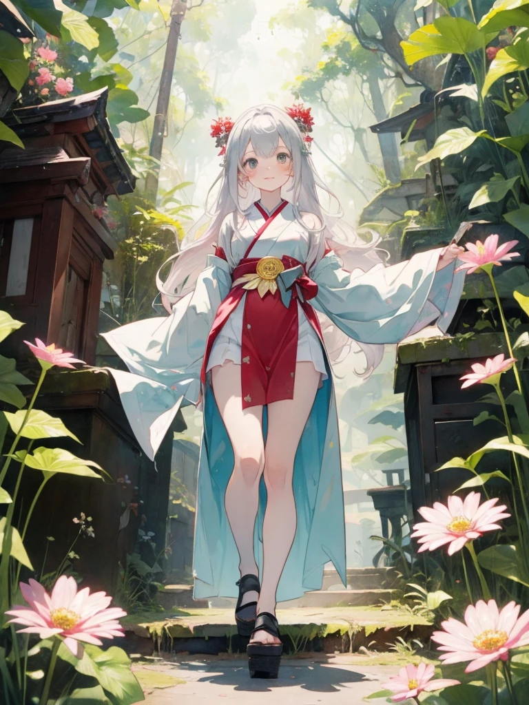 High definition、anime、A pure girl dressed in a shrine maiden's outfit、Flowers sprout from beneath your feet、18age、Halfred with long silver hair、Full body portrait、Do not show thighs、Wearing clogs、A long-sleeved miko outfit、Large eyes like opals、Powerful eyes、Dance dedicated to the gods