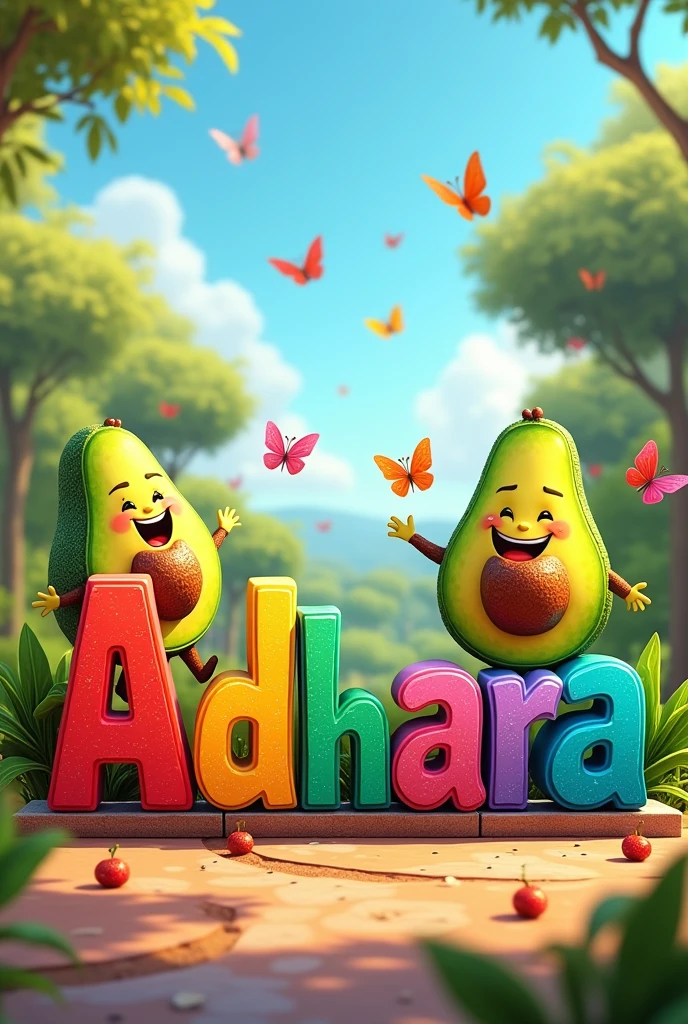 Let's say the name Adhara in letters, Sara, Mauricio in the background animated avocados butterflies and cars