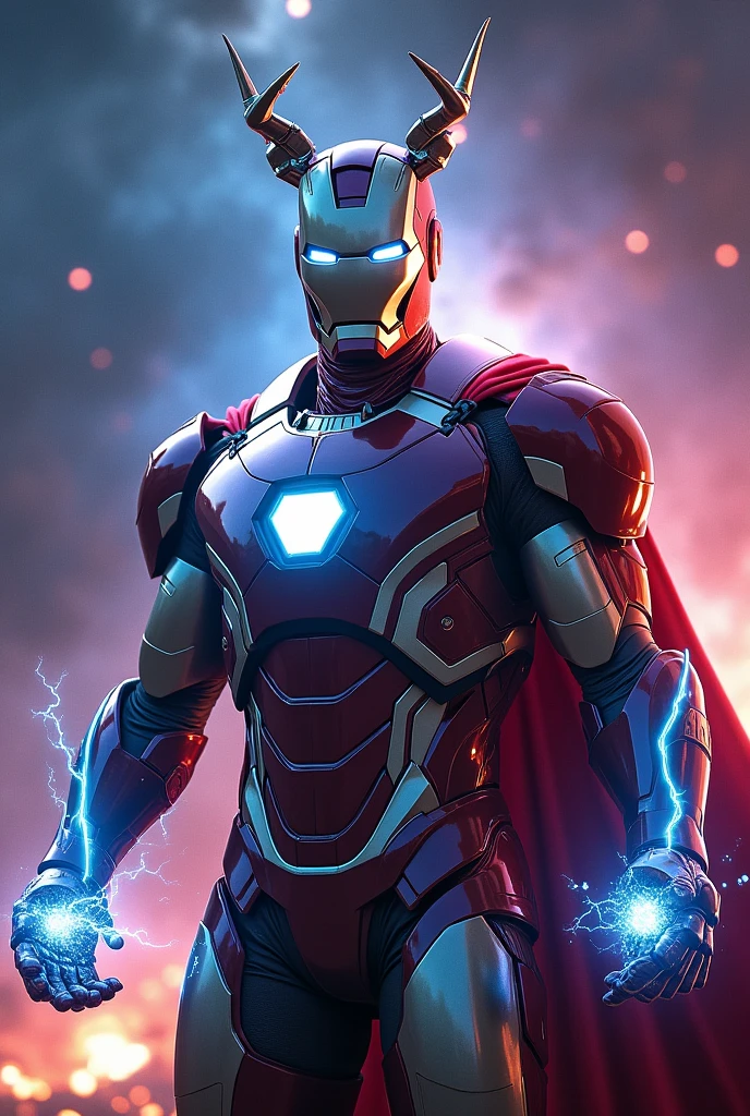 Combined super hero, with iron man, thor,dr strange,
Helmet on , armor only, space background, lightning in right hand, time stone aura in left hand, no cape
Small robotic horns in the helmet
