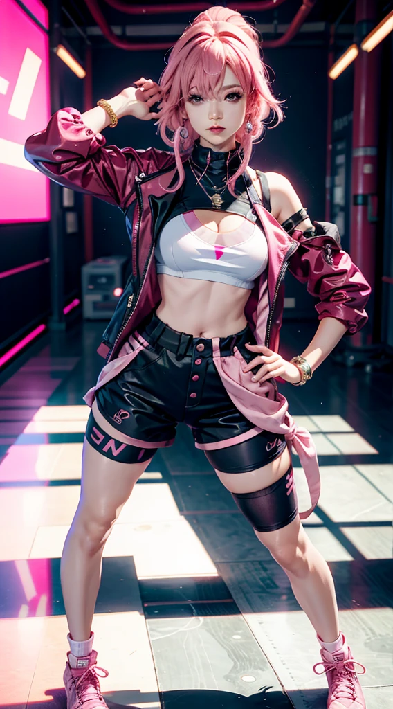 Beautiful woman, 1 girl, pink hair woman, fighting stance, black pantyhose, black gloves, sports bra, jewelry, shorts, J thighs. pink hair, drills, asymmetrical hair,