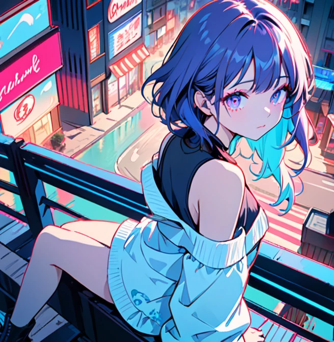 masterpiece,best quality,1 synth wave style girl,blue outline,streets with neon lights,blue fluorescent coatings,solo,from above,cowboy shot,sitting on the top of the building,extremely detailed CG,flat color,limited palette,noline art,silhouette,partially colored,alternate color,dynamic angle,blue long upper shan,dark violet shadow,synth wave,chromatic aberration,(solo focus),perfect shadow,wearing an off- shoulder floating jacket,delicate face,bare shoulder,beautiful and delicate eyes,delicate background,blue neon light,