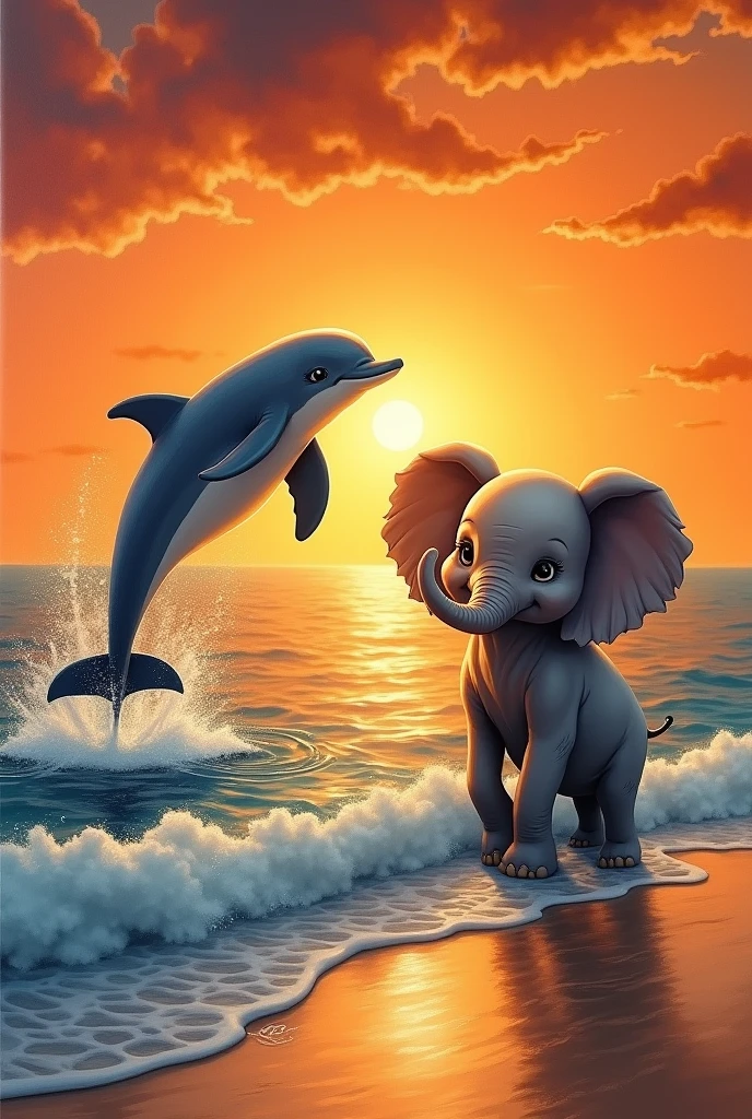 A canvas painting in which the orange skies and a cute dolphin and sunset , elephant staning with a smile looking at the dolphin in the sea there should be distance between sea and elphant