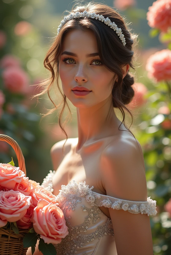 (masterpiece, best quality:1.5), highest quality, High resolution, super detailed, Realists, Full body photo of a 22 year old brunette bridesmaid, detailed and beautiful eyes, beautiful detailed lips, very detailed eyes and face, longeyelashes, 22-year-old woman in a silver short dress made of shiny satin fabric, Beautiful and colorful makeup, elegant and noble々Pose,shiny satin headband, grind, Holding flowers, Gardens as background, soft daylight, bright colors, fine brushstrokes, Portrait style, Noble details in the dress fabric, beautiful color palette, glowing skin, First-class rendering, that captures every detail, enchanting atmosphere, subtle shadows and lights, (perfect anatomy:1.2), (The stunning 22-year-old bridesmaid carries a basket of rose petals. looks surprised (magnificent panorama view:1.2)