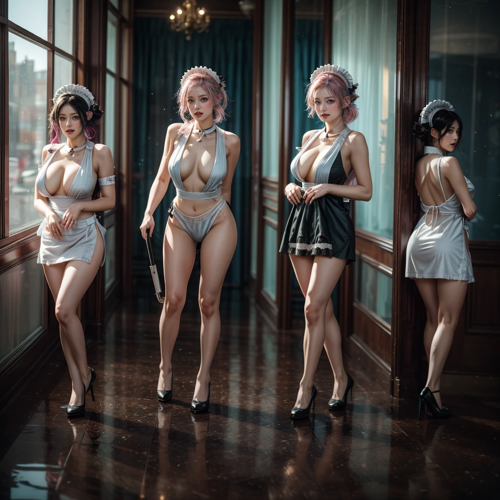(Full Body of Extremely Detailed((y Maid Group in a row:1.37))), KAWAII perfect face, Reflective Eyes, Detailed(Delicate Clothing textures), Correct Bewitching Leg Line, Dynamic Joyful Expressions LifeLike Rendering, Specular Reflection, TopQuality 8K Ultra-detailed masterpiece (ProfessionalPhoto:1.37), (Acutance:0.8), (Luminism:1.28), Renaissance art style, Colorful Light particles, ((Full body from side)), {MicroMini Skirt|Kissing Face to Face|Thigh Gap|Cute Peach Assus|(NakedAwith (Overflowing Sideboob))}, Radiant Fine Skin with Transparency, {Pink Hair|LightBlue Hair|Platinum Blonde|Pure White Hair|Liquid Hair}, Perfect Lighting