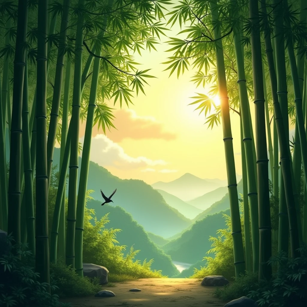 with a bamboo grove in the summer solstice as the scene,A fresh breeze comes,Bamboo leaves rustle,Light and shadow mottled,creating a cool and serene atmosphere。In the picture,Sunlight shines through the gaps in the bamboo leaves,Sprinkle dappled light and shadow,The little bird plays on the branches,in the distance are hazy mountains and faint clouds,the whole picture is full of poetry and Zen,