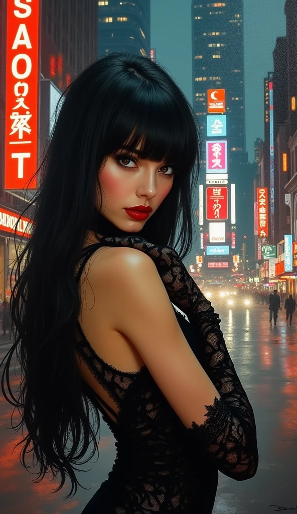 High-quality realistic acrylic art, vivid colors, lateral point of view, a beautiful vintage european woman with long black straight hair, bangs, looking at the viewer with suspicious face and a shy smile, red lips, she wears silk lace black suit, tight lace gloves, big city background