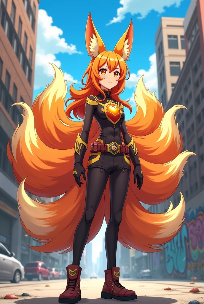 Create a girl with orange hair in the anime style of My Hero Academia, who has a hero costume inspired by the kitsune fox with 9 tails.