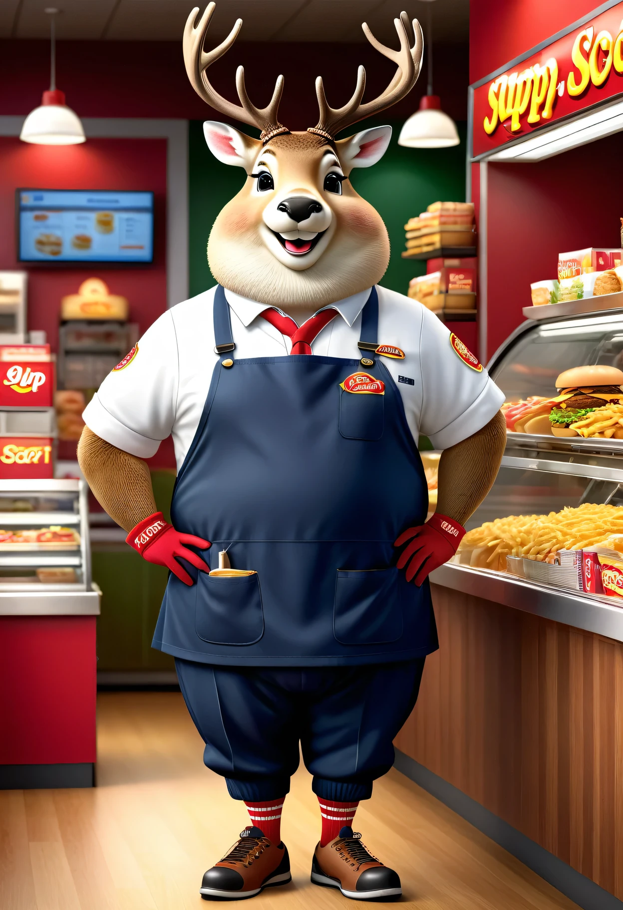 photorealistic portrait of Dressed animals-a ((fat)) (rein deer) worker,(furry), (elegant pose:1.5), (hands on hips:1.5),(smile:1.5),high quality,(),(lovely) ,intricate details, Wearing fast food shop uniform , (apron and cap), highly detailed ((fast food shop uniform)) ,highly detailed pants sneaker and high sox , (happy), soft lighting,(full body image:2.0),in fast food shop background,,score_9, score_8_up, score_7_up, score_6_up, score_5_up, score_4_up,