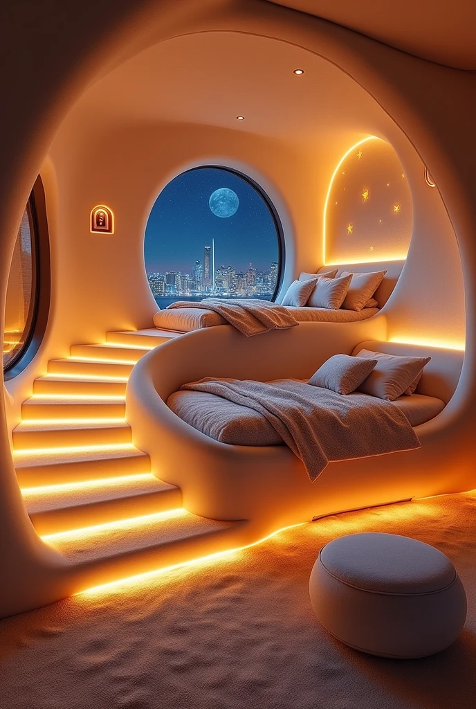 "Create a futuristic, cozy bedroom with two built-in pod-style beds. The beds are stacked on top of each other, each surrounded by soft, warm orange lighting and decorated with plush pillows and blankets. The room features a curved, illuminated staircase leading up to the top bed, with a large floor-to-ceiling window showing a modern cityscape at night. The ceiling has star-like recessed lights, and the walls are smooth and organic, creating a soft and inviting atmosphere. The floor has a soft, sandy texture with round, cushioned seats placed in the room."