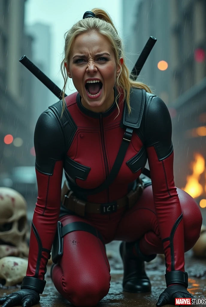 A beautiful woman with blonde hair pulled back in a long ponytail, Wanda Wilson alias Lady Deadpool, wearing the red and black leather suit with a brown leather harness over her chest, is kneeling, screaming in exhaustion after a battle. There is blood and skulls around her. She is wearing red leather gloves and boots. The scene is set in a rainy apocalyptic city. Blood stains her hands and face. The Marvel Studios logo is present throughout the images. The city is dark, reflecting the Marvel Studios logo.