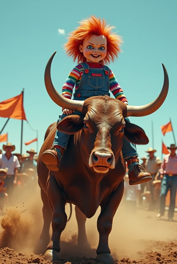 Create an image of a very thin Chucky riding a bull