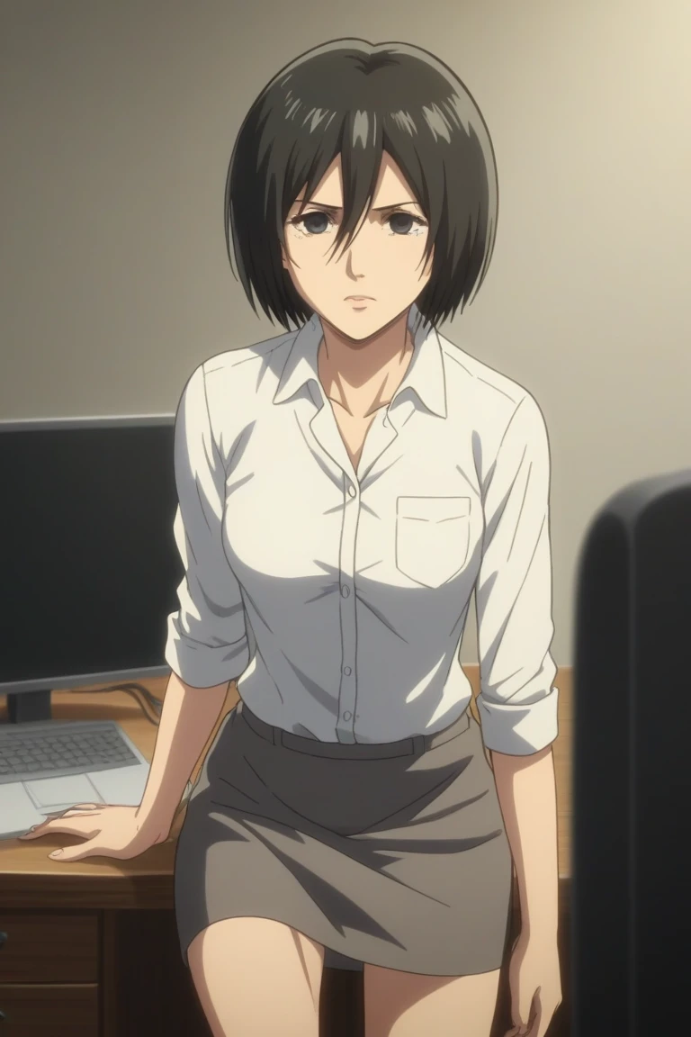 score_9, score_8_up, score_7_up, source_anime, rating_safe, intricate details, anime screencap, , official style, looking at viewer, , 1girl, solo, mikasa_ackerman, black hair, black eyes, s4,  short hair,   show off breast , undress clothes, open white shirt,, symmetry, office, computers, indoors, light, standing on one leg, tearing up, , 