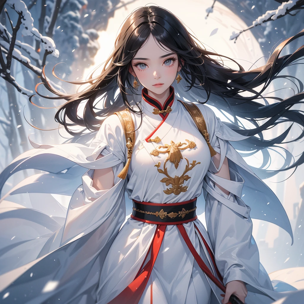 a beautiful woman black-haired male general holding a large sword in ancient Chinese general costume, walking In the middle of a snowstorm, white snow is falling, The sun shines and the sun rises. close up, In the middle of a snowstorm, it is white. The trees are covered in white snow. The snow is falling.  close up.