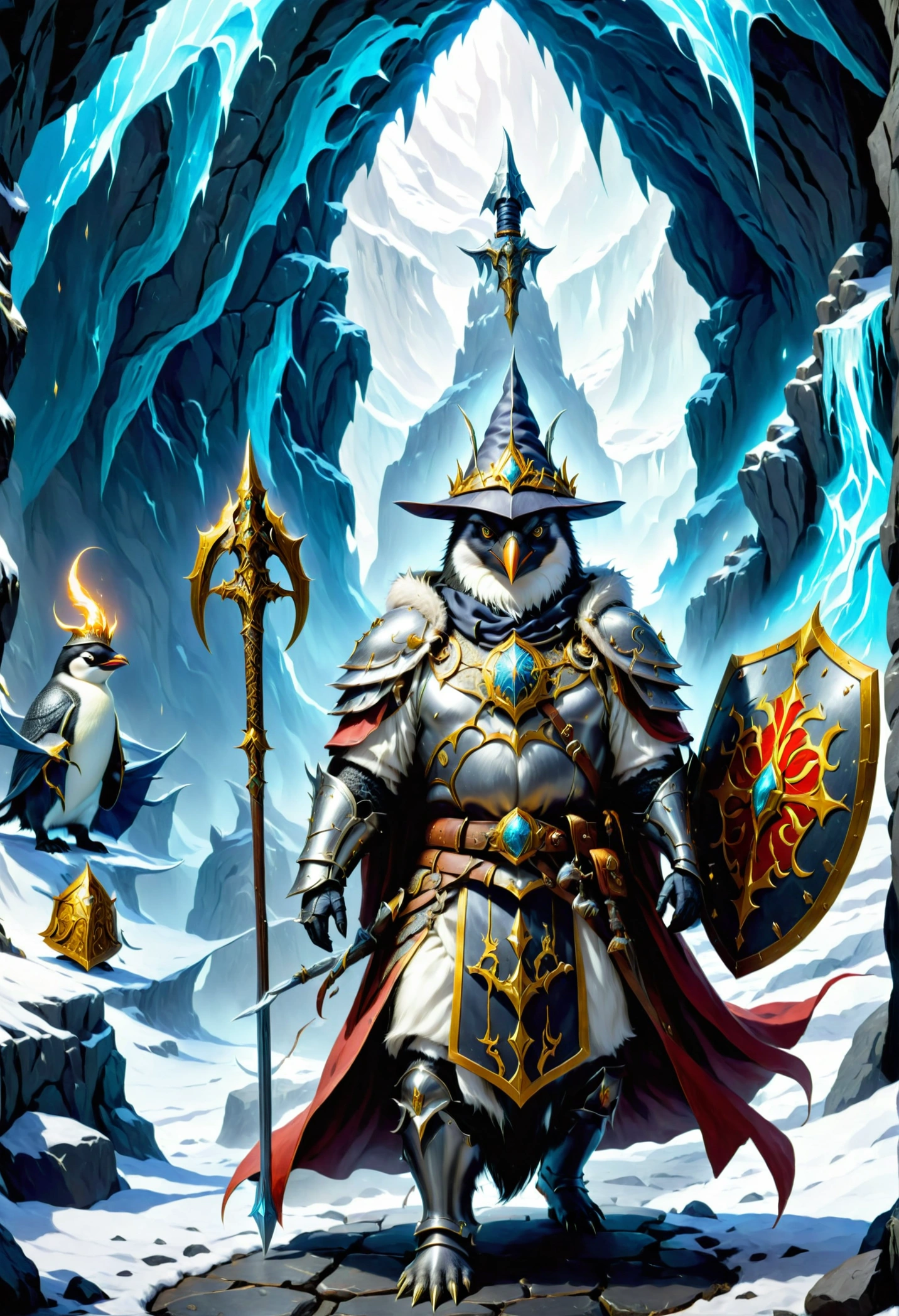 amazing quality, ultra detailed, an adventuring band of emperor penguins, one warrior in full plate armor with shield and sword, one wizard in his magical robe and hat with powerful staff, one cleric clad in chainmail wielding a Warhammer, one a thief, in full leather armor equipped with two daggers action shot, extremely detailed, background is the entrance to a sinister cave