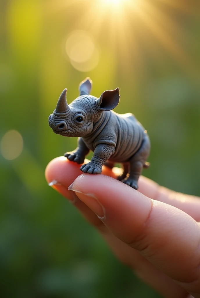 Photorealistic, 34k, A micro baby rhino perched on a human finger