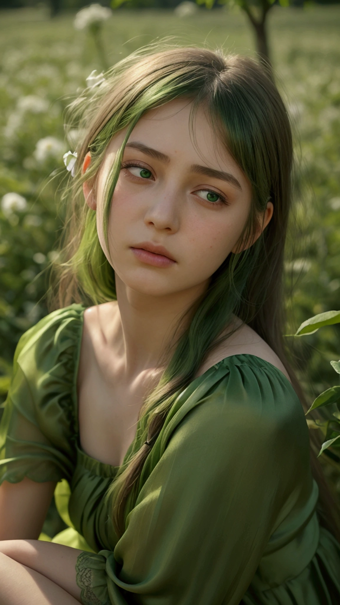 a girl. European. Extremely detailed face. Oval face. Delicate facial features. Half-closed eyes. Long straight hair. Messy hair. bangs. Green hair. Green eyes. Green silk nightgown. Sitting shyly. Tree. Very angry. Sad. Shy. In a flower field