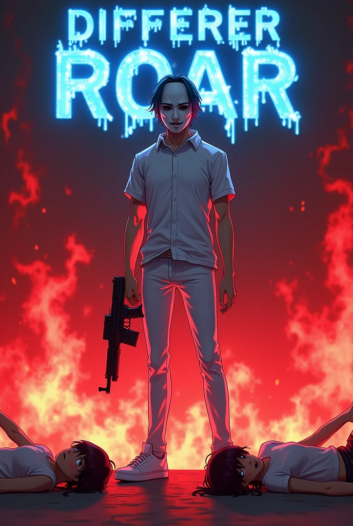 Create a 3d illusion where a 18 year anime guy is standing in white shirt white jeans white shoes wearing a white mask holding a mp40 gun with RED FIRE BACKGROUND there should be written "DIFFER-ROAR" with Blue fire text and 4 anime people's died Infront of him