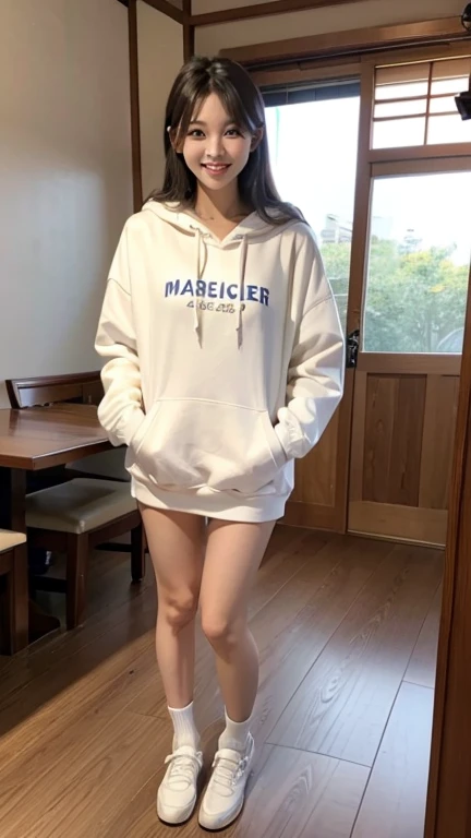 A Japanese milf, photo of one girl, Slender figure, Realistic teeth, wearing oversized hoodie, smile, full-body, masterpiece, best quality, detailed, beauty, Pub, indoor,