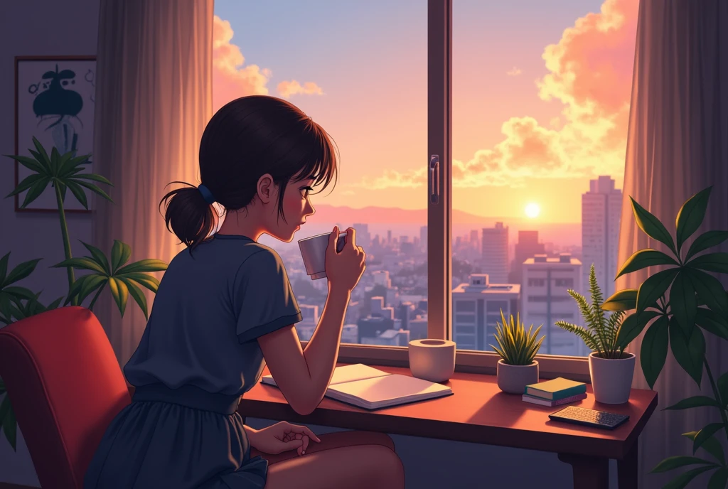 Studying with a cup of coffee in hand,Stylish room,LOFI, cgsociety 9, Chill Hop, Alena Aenami and Artgerm, Makoto Shinkai and Artgelm, Lo-fi girl aesthetic, Anime Scenery, makoto shinkai and (Cain Kuga), Lo-fi aesthetic, Anime scenery, Anime Nature, roof backgrond, Anime Wallpaper