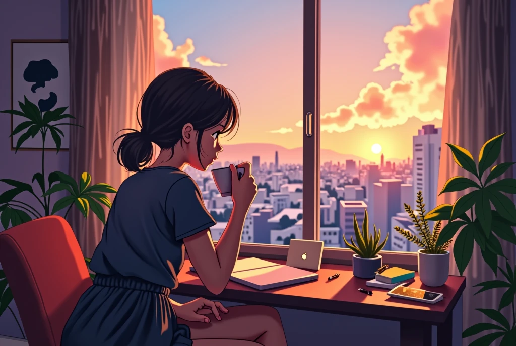 Studying with a cup of coffee in hand,Stylish room,LOFI, cgsociety 9, Chill Hop, Alena Aenami and Artgerm, Makoto Shinkai and Artgelm, Lo-fi girl aesthetic, Anime Scenery, makoto shinkai and (Cain Kuga), Lo-fi aesthetic, Anime scenery, Anime Nature, roof backgrond, Anime Wallpaper