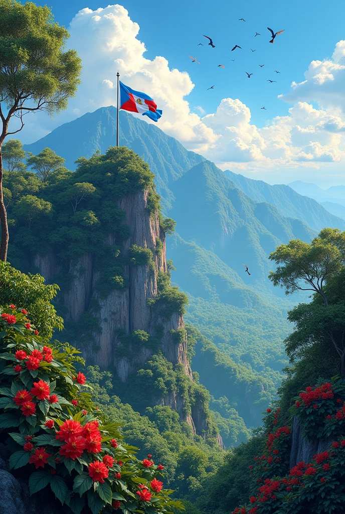 Guatemalan flag waving and quetzal landscape 
