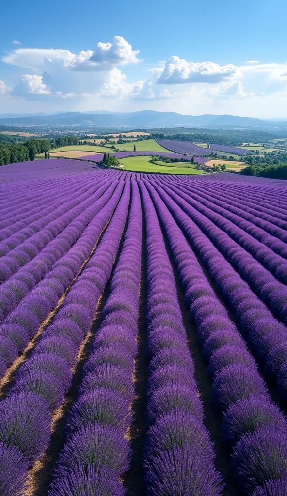 An overhead view of a vast lavender field, captured from directly above as if by a drone. The field is covered in a rich, purple blanket of blooming lavender, creating a striking pattern of rows and curves. The surrounding landscape includes patches of green and a clear sky, providing a contrasting backdrop that emphasizes the scale and beauty of the lavender field. The aerial perspective showcases the full extent of the field’s vibrant color and orderly arrangement.