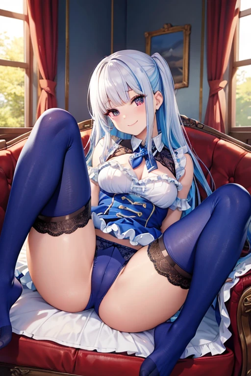 Highest quality, A seductive smile, Spread your legs,In underwear,Frills,Lace panties,Blue tights,Show the soles of your feet,Low - Angle