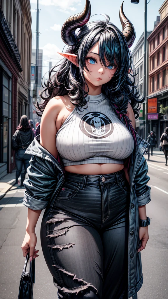 Adult female, curvy body, thick body, DD size breasts, dark BLACK hair, shoulder length hair, dark BLACK hair in a shoulder length hairstyle, light cyan blue eyes, Curly ram HORNS on top of head, Horns on head, elf ears, mature looking face, very beautiful, loose top, pants, punk style clothes, posing, city street.