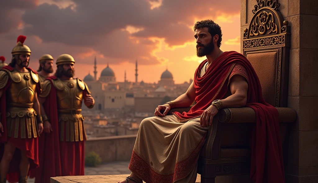 Pontius Pilate, in roman toga, sitting in a throne, with a thoughtful look, surrounded by Roman soldiers. The background shows the city of Jerusalem at dusk., with shades of orange and purple. The style is realistic, focusing on facial expressions.