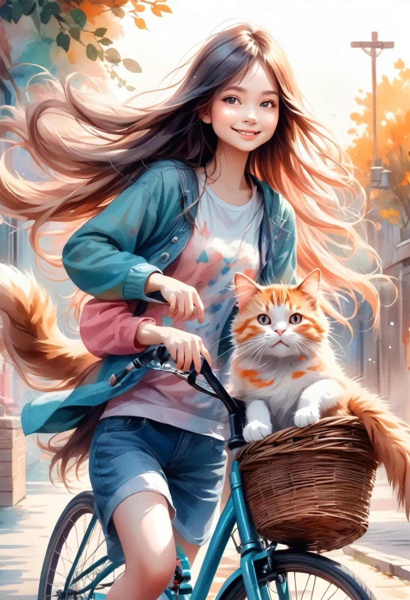 young girl and a cat, young girl and a cat, A woman with long flowing hair rides a bicycle，There is a cute smiling cat in the basket, She stretched out her arms happily, illustration style, best details, crayons, Soft, matte, risk, grainy texture, Diffuse Gradient, Blurred edges, Rough textured watercolor paper 