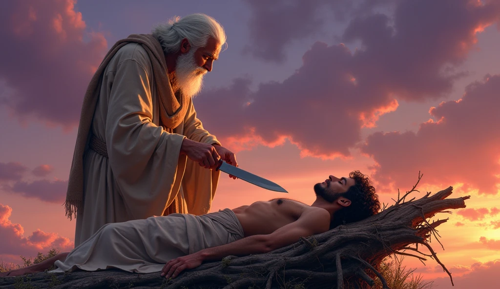 "Create a digital artwork inspired by the scene of Abraham about to sacrifice his son Isaac. In this image, Isaac, a young man with a muscular build, lies on a wooden altar covered with sticks, his body partially covered with a cloth. His expression is calm and resigned, as he rests with his eyes closed. Abraham, an elderly man with a long beard and wearing a robe, stands above Isaac with a knife in hand, his face showing deep sorrow and determination. The background features a dramatic sky with hues of purple and orange, reflecting a sunset. The scene should capture the emotional gravity of the moment, emphasizing the detailed textures of the figures' clothing, the wood, and the subtle play of light and shadow in a digital art style."