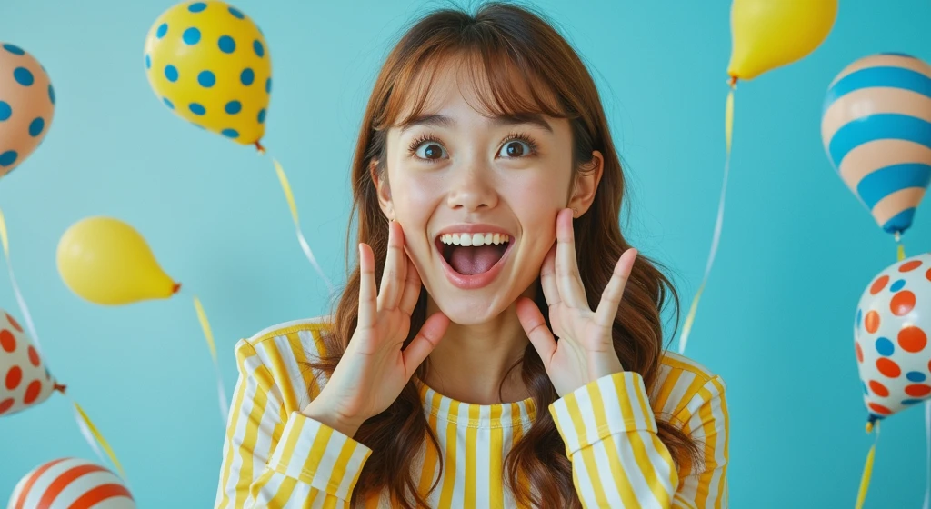 a young woman with an expressive, joyful look. She is in mid-reaction, with her eyes wide open and her mouth forming a surprised, delighted smile. Her hands are raised to her face, with fingers splayed in a pose that emphasizes her excitement.
The background is a bright, solid light blue, which adds to the cheerful and lively atmosphere. There are colorful balloons floating around her, including yellow balloons with blue polka dots and others with swirled patterns in shades of yellow, white, and orange. These balloons contribute to a festive and celebratory vibe.
The woman is wearing a yellow and white striped long-sleeved shirt, which matches the overall vibrant and happy theme of the image. Her hair is loose and falls around her shoulders, with a natural, soft wave.
The image is highly photogenic and captures a moment of pure, unfiltered joy, making it perfect for themes related to celebration, happiness, or surprise