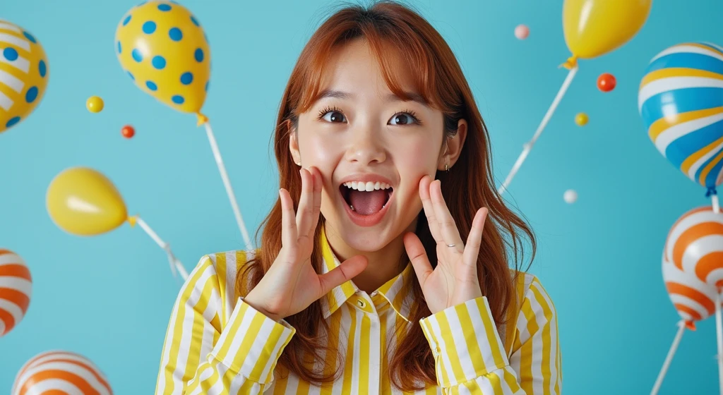 a young woman with an expressive, joyful look. She is in mid-reaction, with her eyes wide open and her mouth forming a surprised, delighted smile. Her hands are raised to her face, with fingers splayed in a pose that emphasizes her excitement.
The background is a bright, solid light blue, which adds to the cheerful and lively atmosphere. There are colorful balloons floating around her, including yellow balloons with blue polka dots and others with swirled patterns in shades of yellow, white, and orange. These balloons contribute to a festive and celebratory vibe.
The woman is wearing a yellow and white striped long-sleeved shirt, which matches the overall vibrant and happy theme of the image. Her hair is loose and falls around her shoulders, with a natural, soft wave.
The image is highly photogenic and captures a moment of pure, unfiltered joy, making it perfect for themes related to celebration, happiness, or surprise