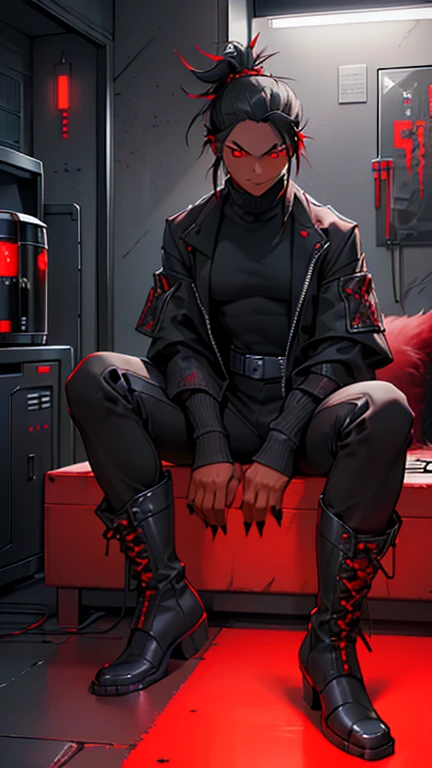 (detailed), (((demon boy))), (Arabic characteristics), ((gray wool jacket)), ((black fur rizado Ponytail hairstyle)), ((Ponytail hairstyle)), (calm face), ((by the width)), ((coffee boots)), (((whole body))), ((in a cyberpunk room)), ((male)), (gray turtleneck sweater), ((only one person)), (at night), terror, ((eyes glowing red)), In the dark, ((black fur)), ((((red skin color)))), demon tail