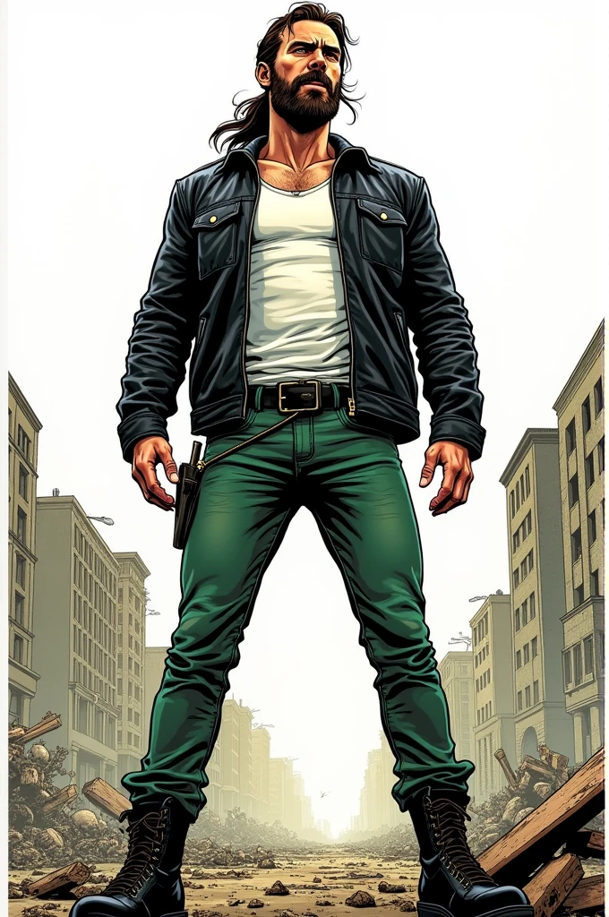Create a comic book style drawing, bright coloured, high qualiy, a 35-year-old white man, 90 kilos, medium size, long dark brown hair tied in a ponytail, barba, black leather jacket, white undershirt, green jeans, Black boots, Apocalypse theme, drawing with perspective, Action scene, white background, fully body