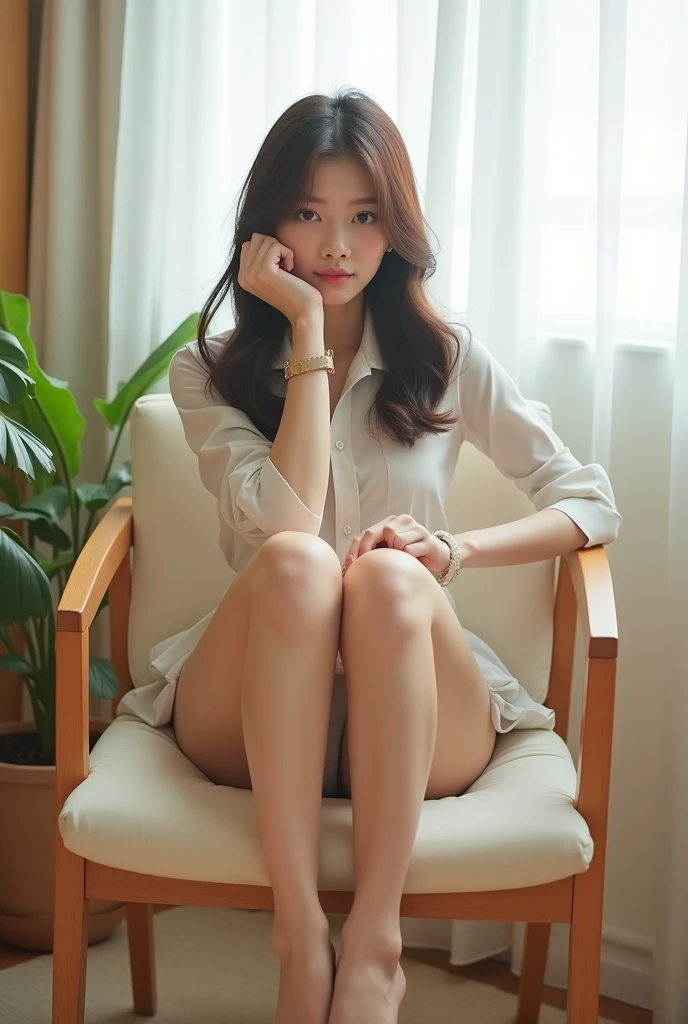 Sitting on a chair with legs spread in an M-shape.、Japanese 18 years old、mini skirt、White panties