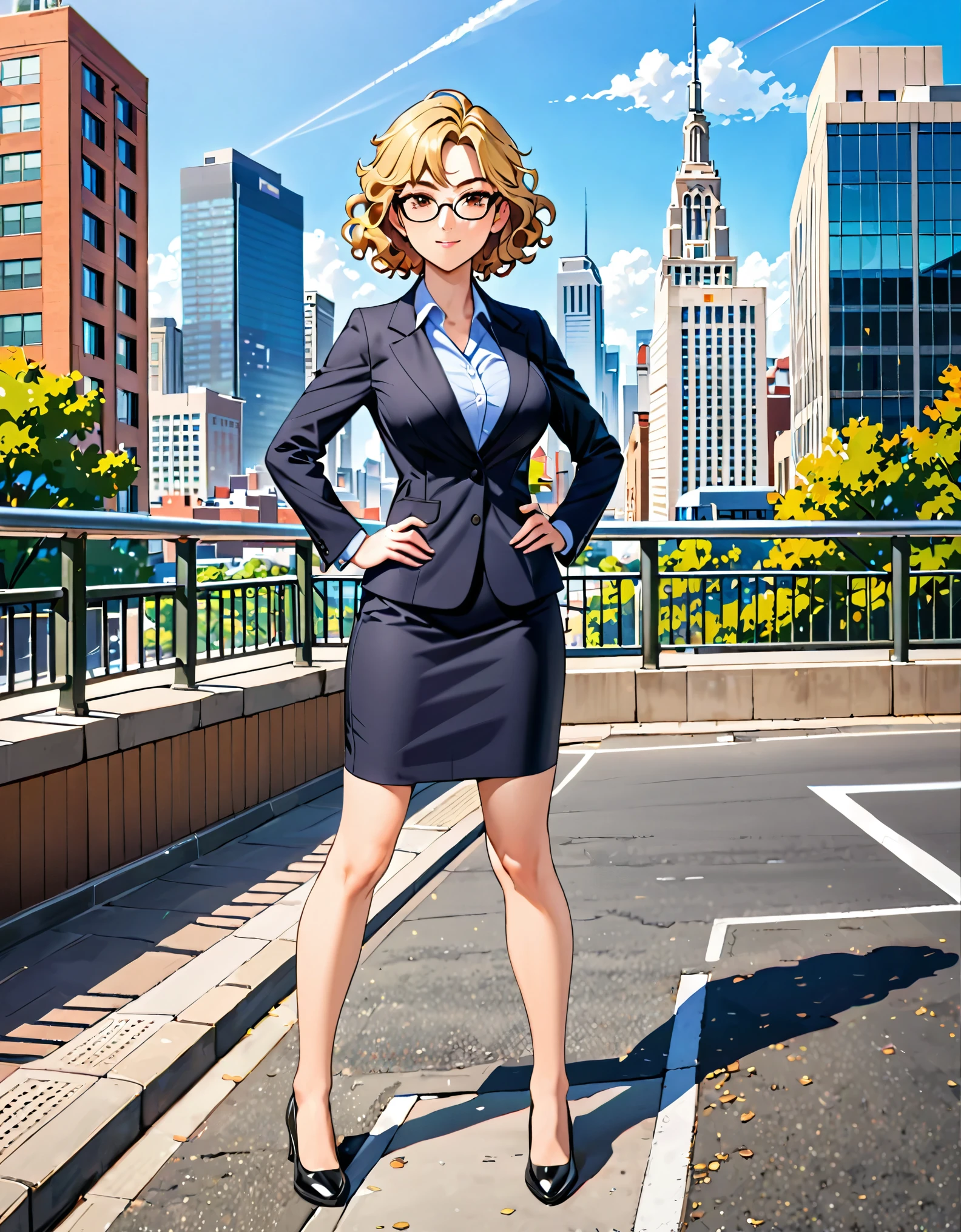 masterpiece, best quality, hires, 1girl, medium breasts, suit, skirt, pencil skirt, bare legs, glasses, black shoes, city backdrop, solo, single, hands on hip, standing, full body shot, cowboy shot, beautiful detailed eyes, beautiful detailed face, (blonde hair, (short hair, wavy hair)), high school backdrop, outdoors, mature lady, teacher, perfect body, good proportions